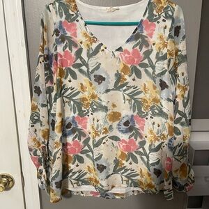 JODIFL Floral V-Neck Blouse with Pink and Yellow Accents